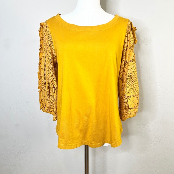 Anthropologie Tops - Anthropologie Top Lace Crochet Ruffle Sleeve Size Medium Yellow Tie Back Knit